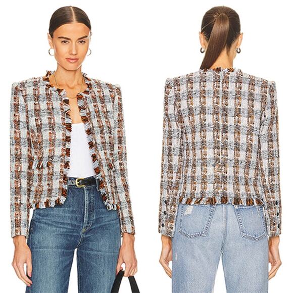 NEW L'agence Angelina Tweed Open Front Fringe Hem Blazer Blue & Brown Size: 0 - Picture 1 of 9